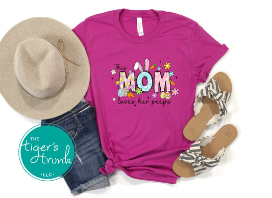 Easter t-shirt for Mom with spring-themed pastel font, featuring bunnies, flowers, and Easter prints in the word Mom