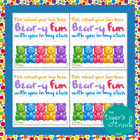 Printable end-of-year cards with a bear theme featuring "This School Year Has Been Beary Fun with You in My Class," perfect for teachers.