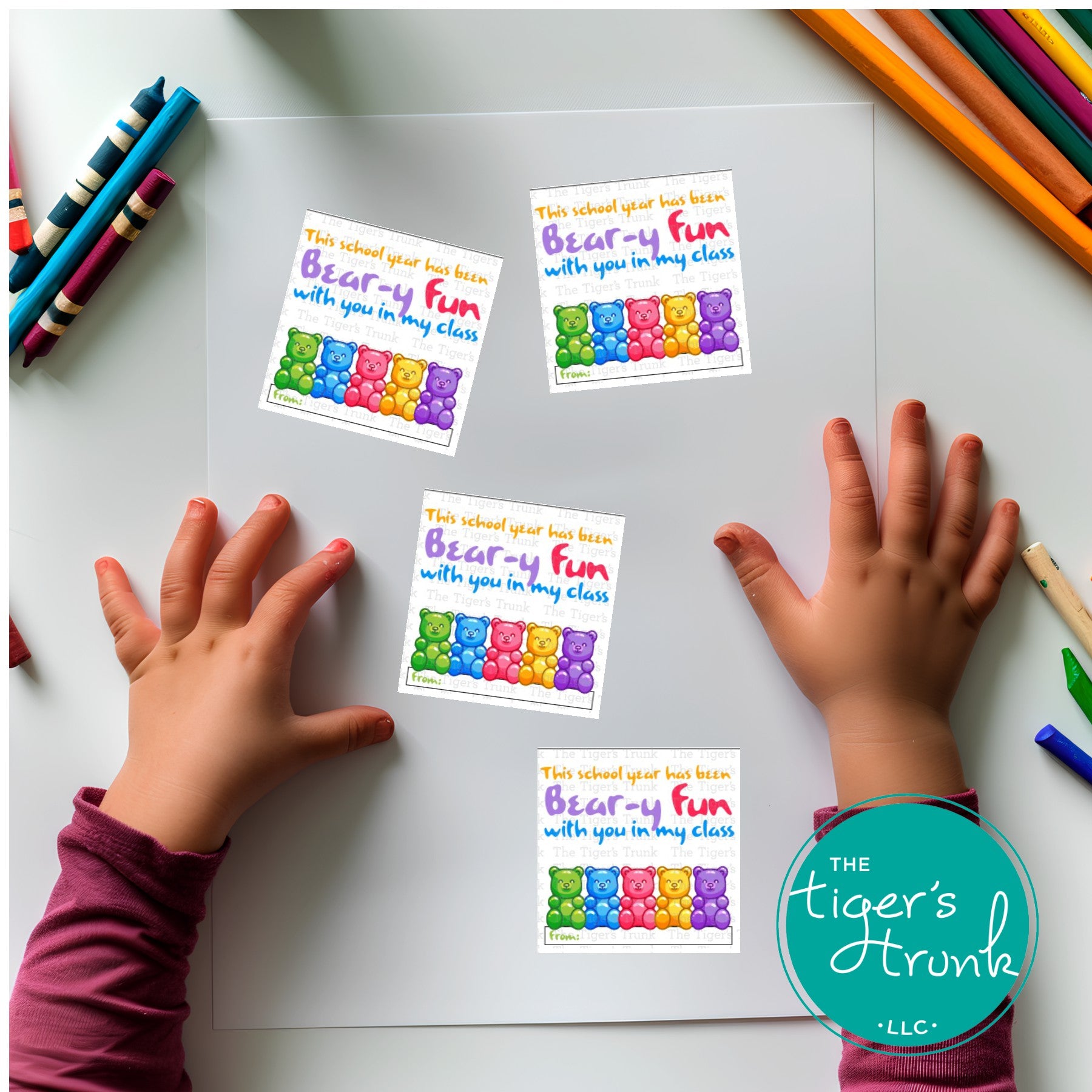 Printable end-of-year cards with a bear theme featuring "This School Year Has Been Beary Fun with You in My Class," perfect for teachers.