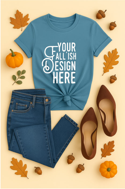Steel Blue Shirt Mockup PNG with Fall Décor