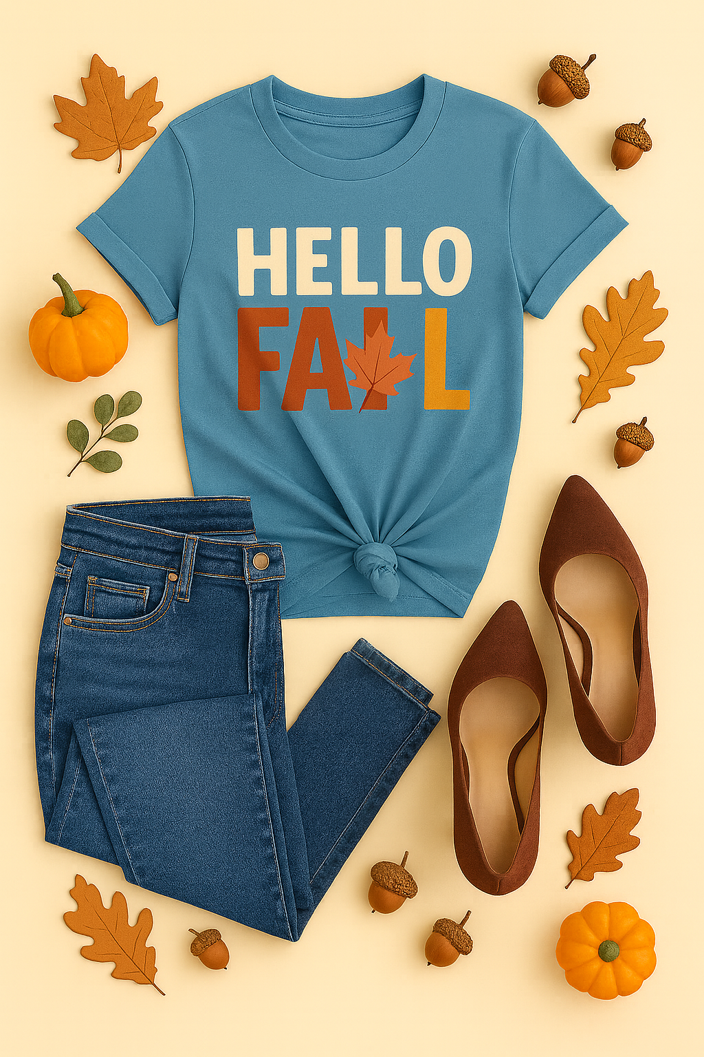 Steel Blue Shirt Mockup PNG with Fall Décor