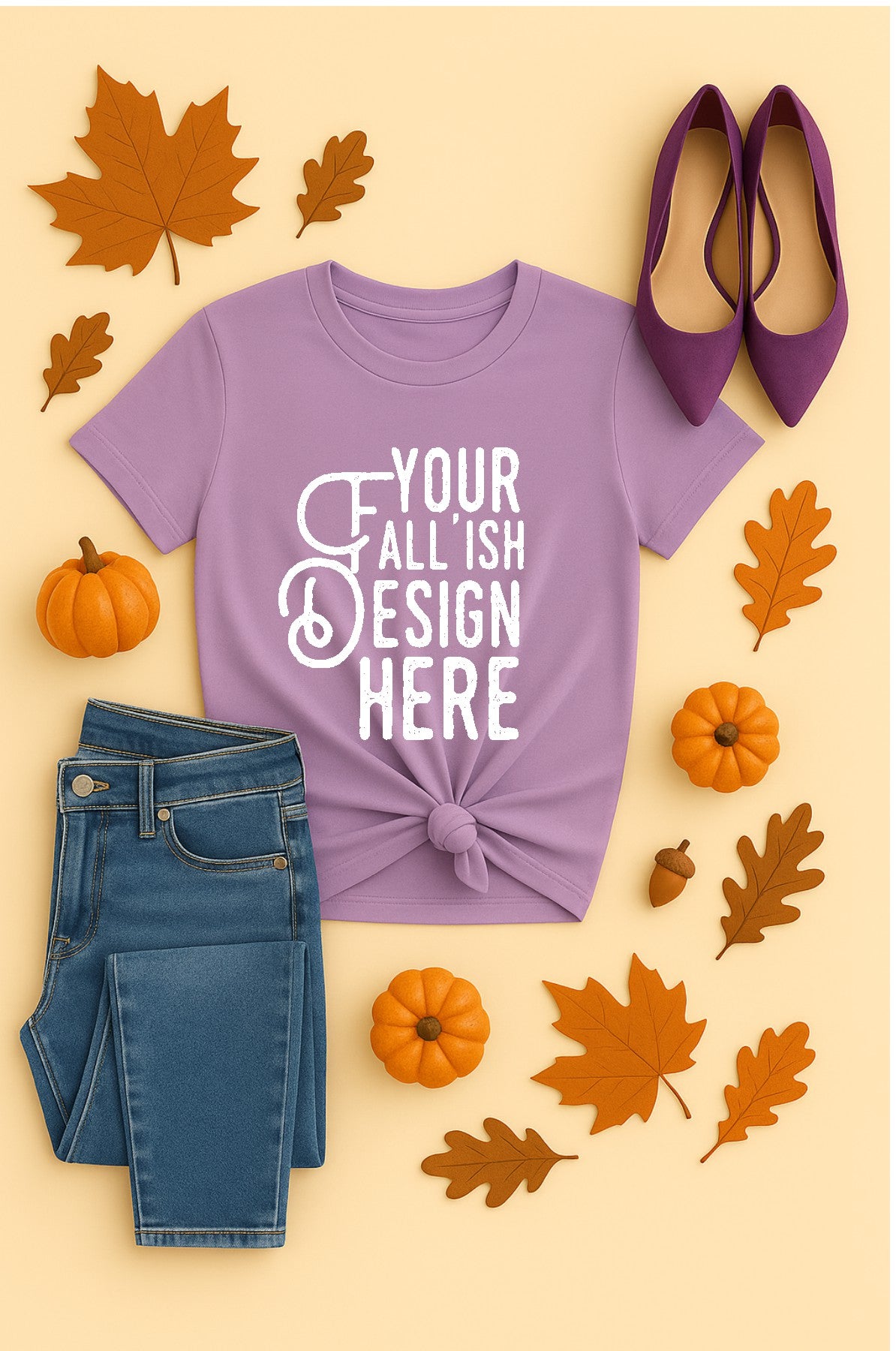 Purple t-shirt with 'Your All Ish Design Here' text, blue jeans, purple shoes, and fall-themed decor on a beige background.