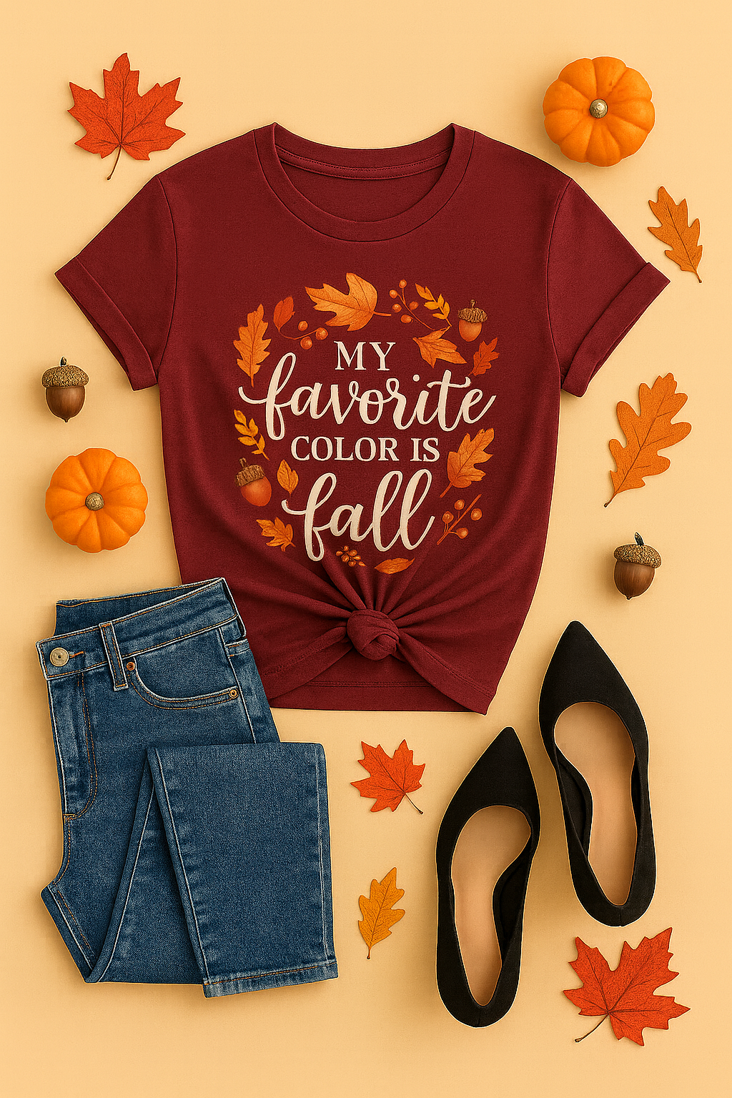Maroon Shirt Mockup PNG with Fall Décor