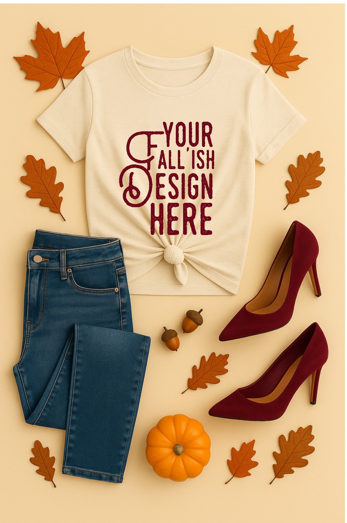 White t-shirt with 'Your Fall Ish Design Here' text, blue jeans, red high heels, orange pumpkin, and autumn leaves on a beige background.