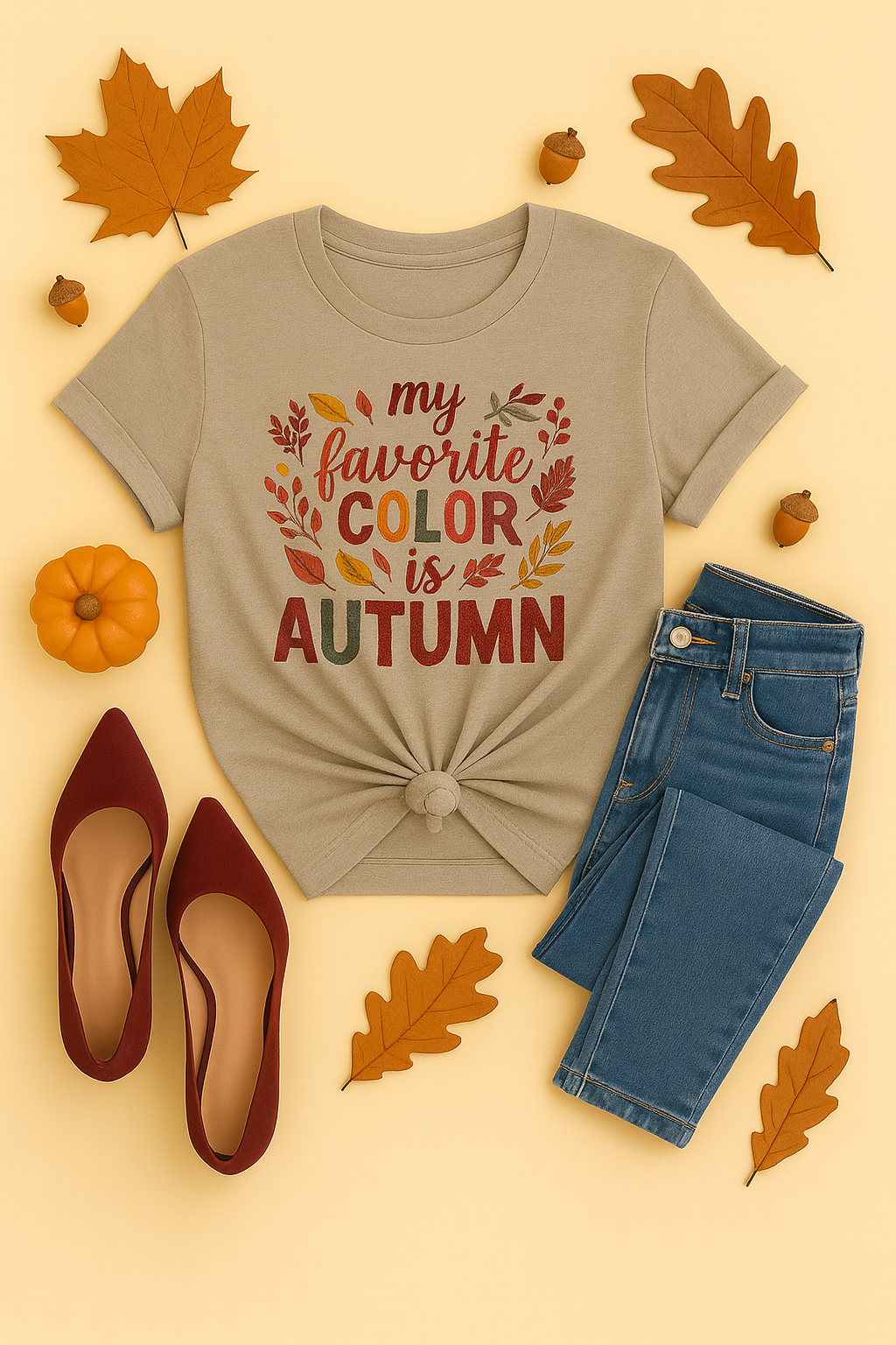 Pebble Shirt Mockup PNG with Fall Décor