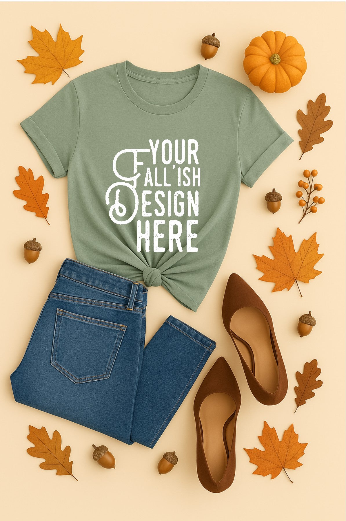 Green t-shirt with 'Your Fall Ish Design Here' text, blue jeans, brown shoes, and fall-themed decor on a beige background.