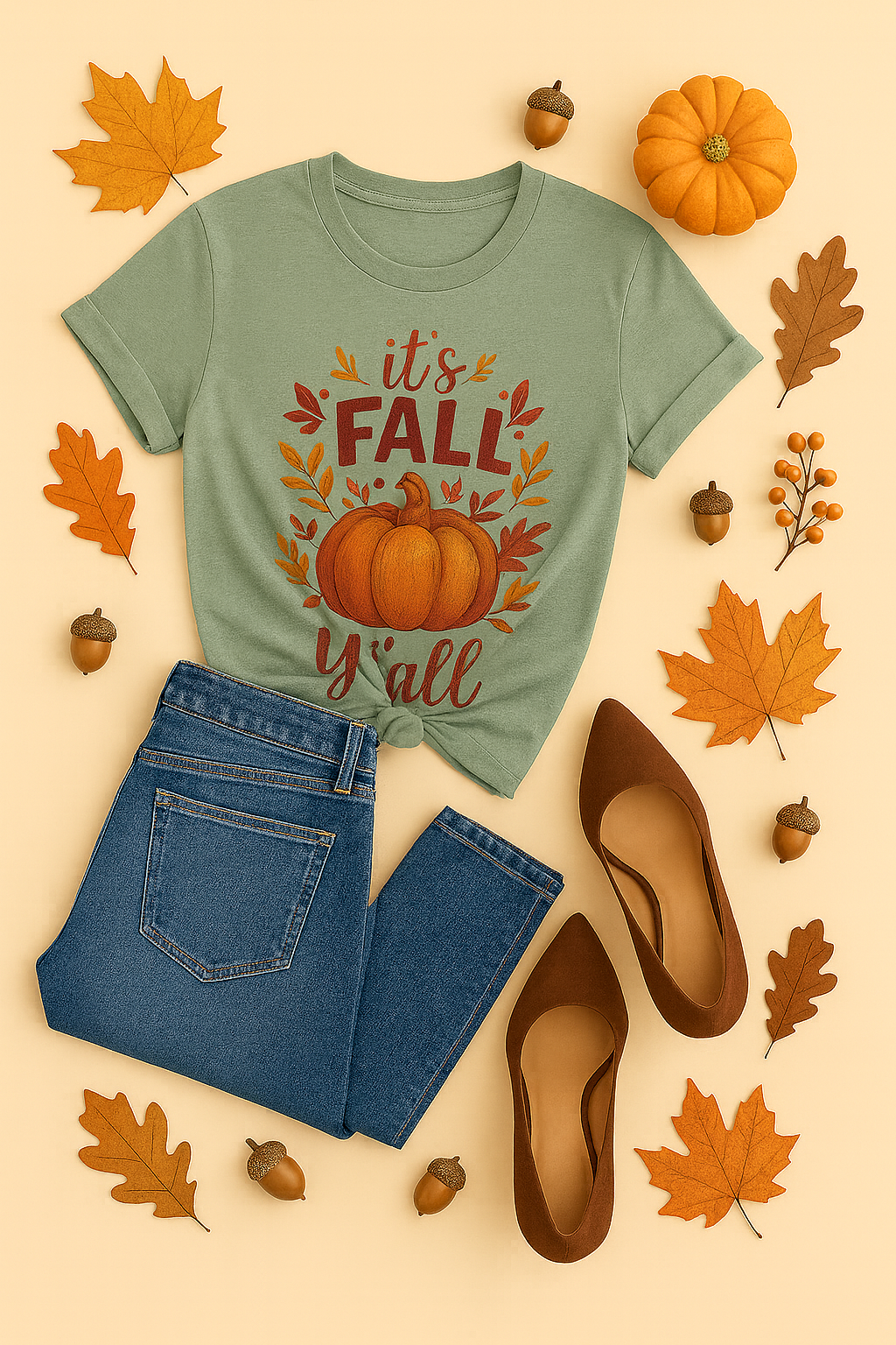 Sage Shirt Mockup PNG with Fall Décor