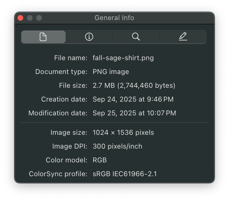 File information panel showing details of a PNG image file named 'fall-sage-shirt.png'.