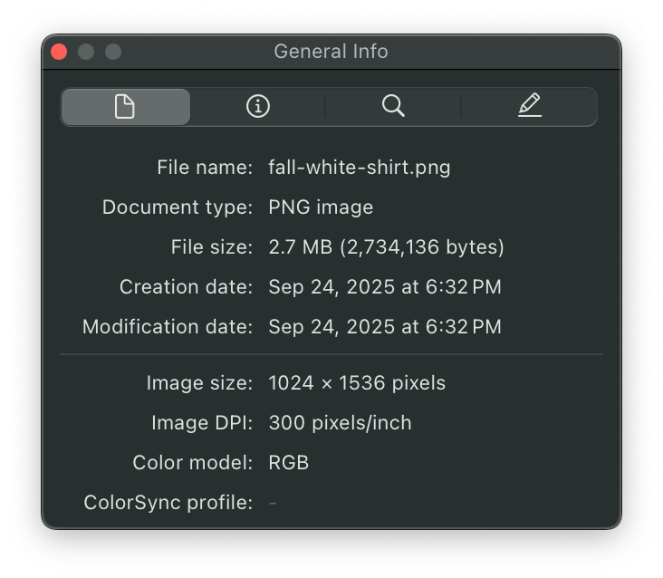 File information panel showing details of a PNG image file named 'fall-white-shirt.png'.