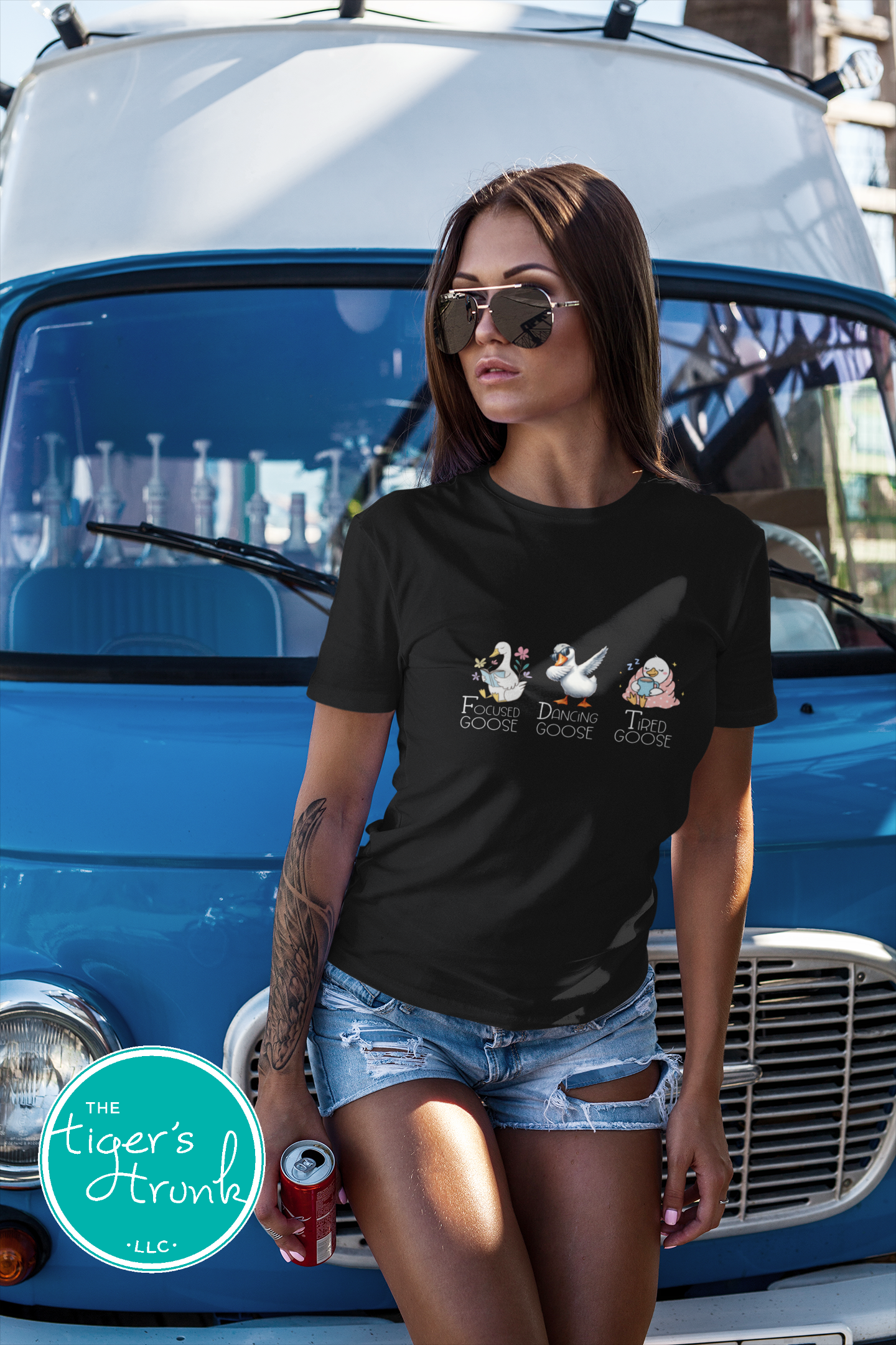T-shirt featuring three geese labeled Focused Goose, Dancing Goose, and Tired Goose, discreet political humor design