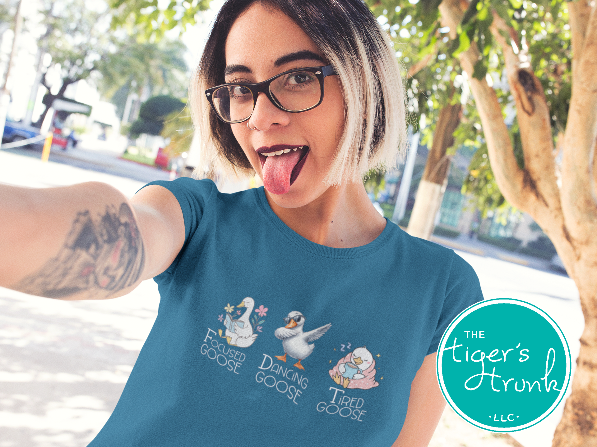 T-shirt featuring three geese labeled Focused Goose, Dancing Goose, and Tired Goose, discreet political humor design