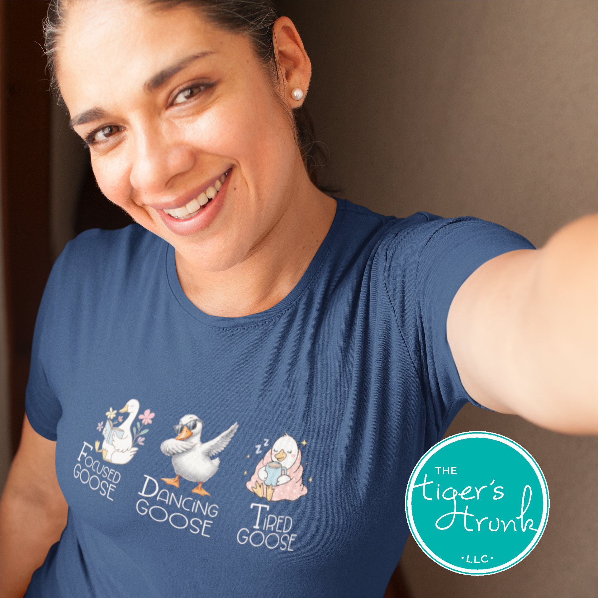 T-shirt featuring three geese labeled Focused Goose, Dancing Goose, and Tired Goose, discreet political humor design