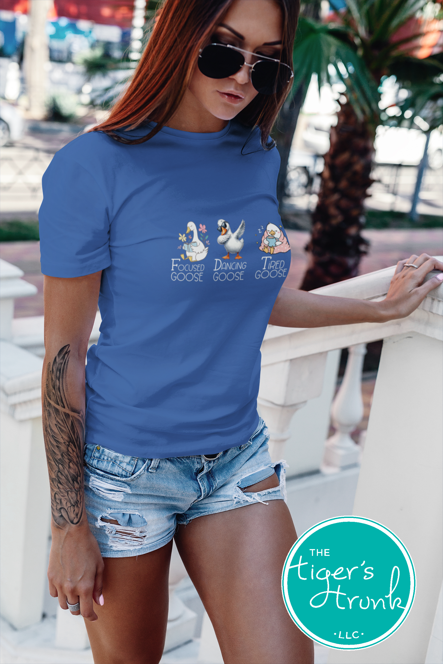 T-shirt featuring three geese labeled Focused Goose, Dancing Goose, and Tired Goose, discreet political humor design