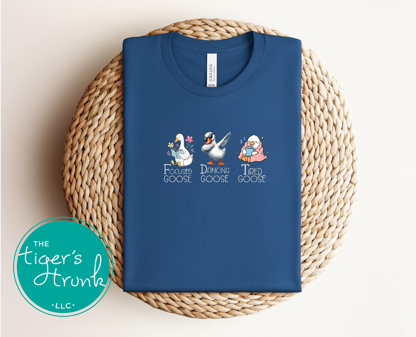 T-shirt featuring three geese labeled Focused Goose, Dancing Goose, and Tired Goose, discreet political humor design