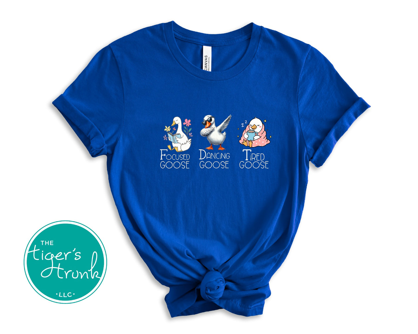 T-shirt featuring three geese labeled Focused Goose, Dancing Goose, and Tired Goose, discreet political humor design