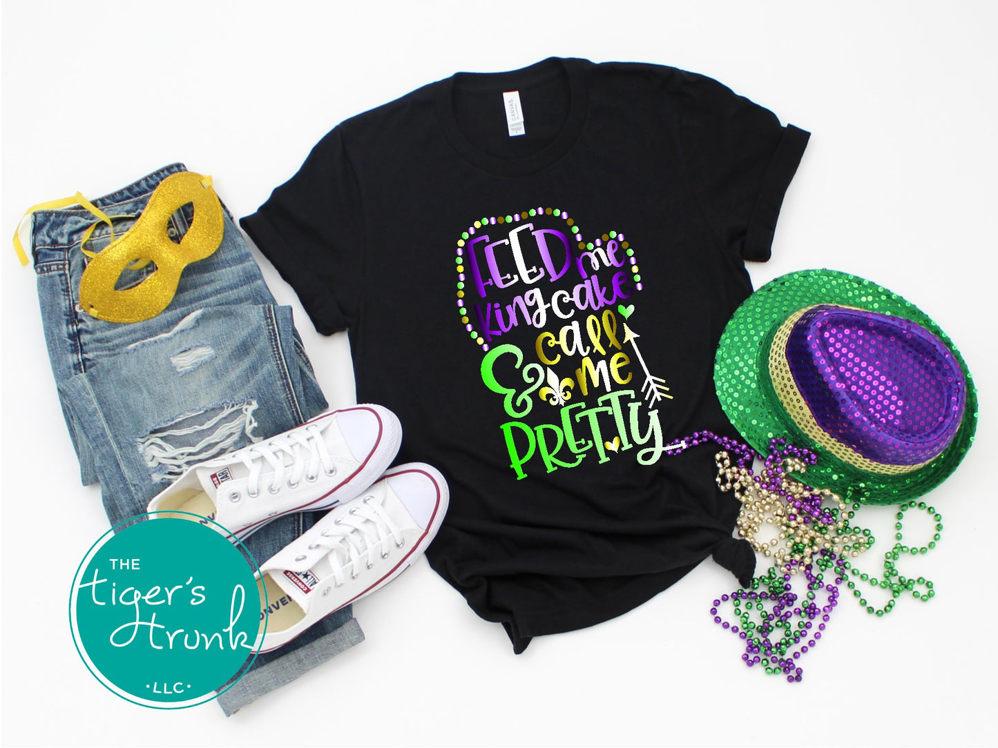 Funny Mardi Gras shirt featuring Feed Me King Cake and Call Me Pretty, perfect for parades and celebrations.