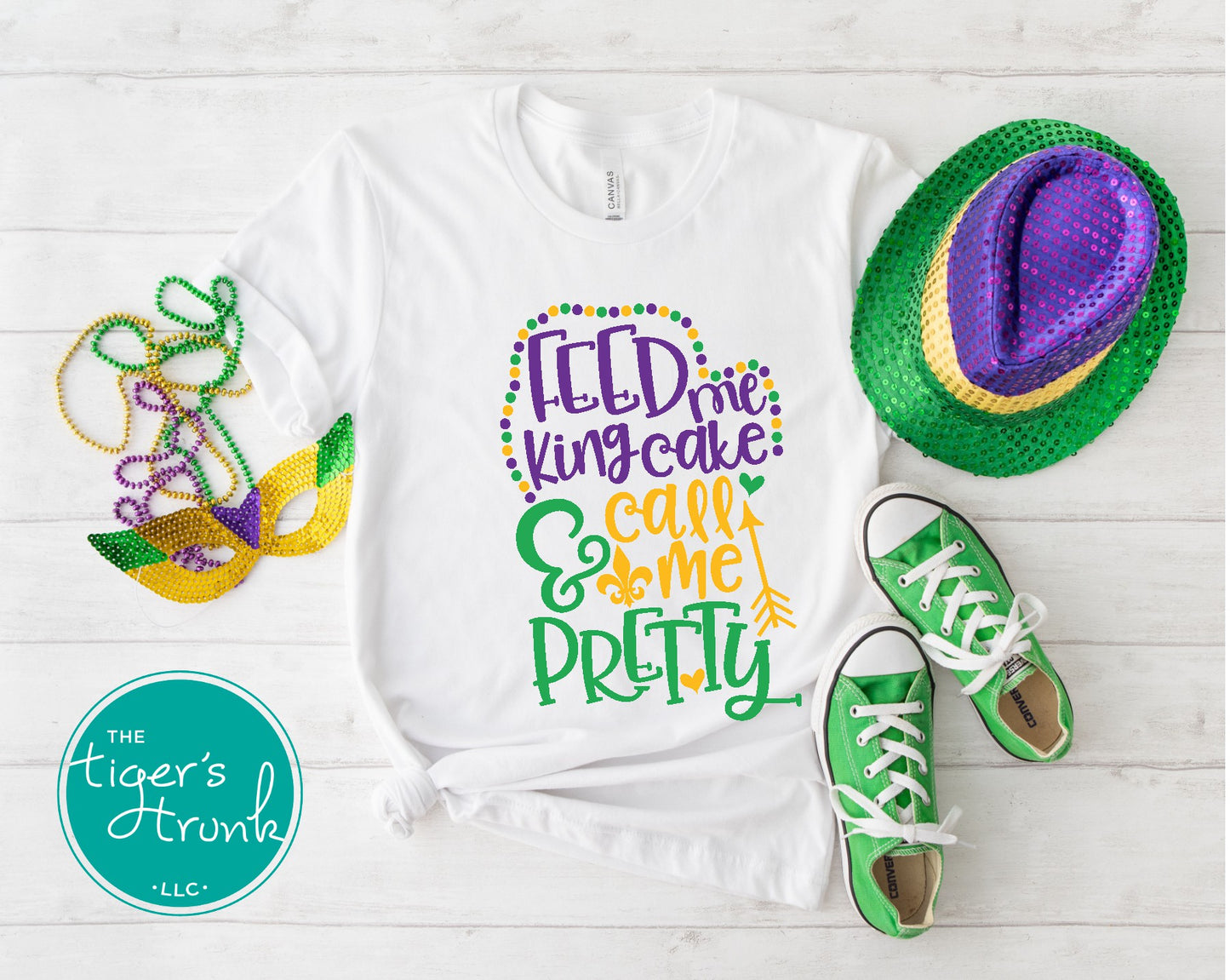 Funny Mardi Gras shirt featuring Feed Me King Cake and Call Me Pretty, perfect for parades and celebrations.