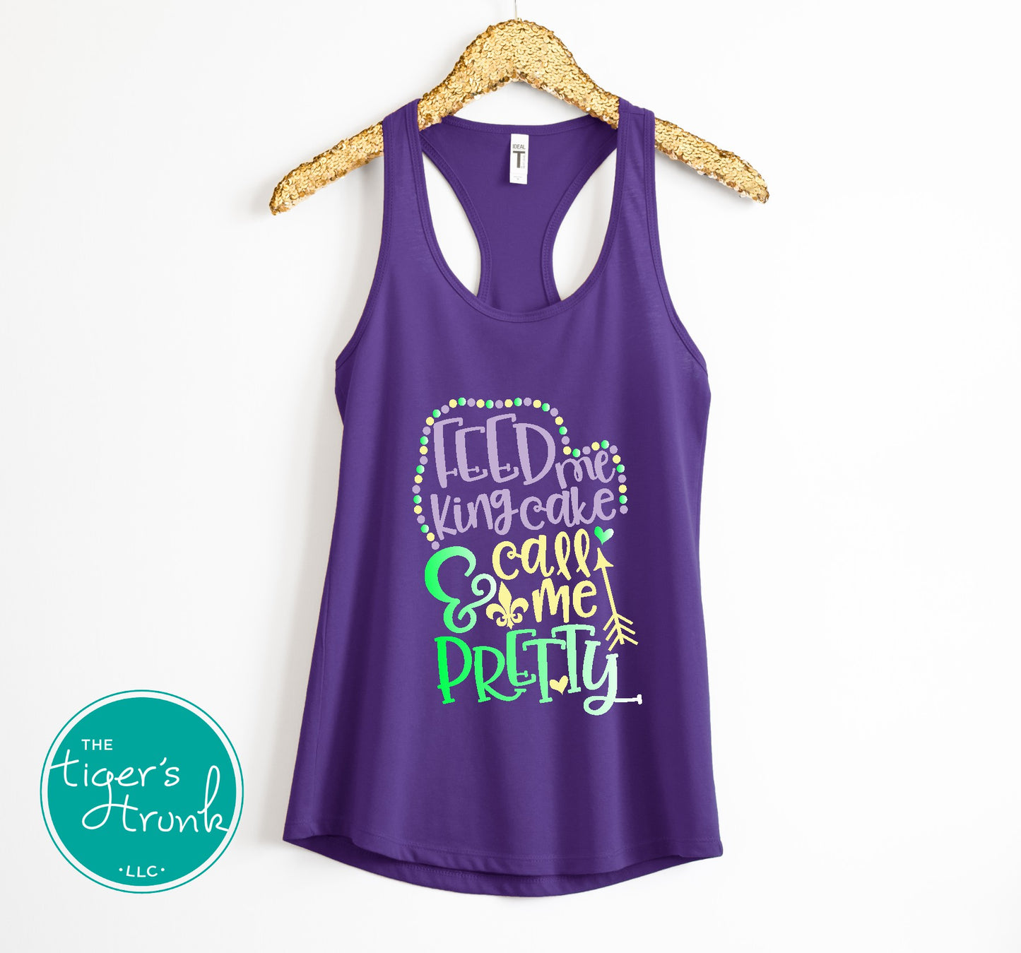 Funny Mardi Gras tank top featuring Feed Me King Cake and Call Me Pretty, perfect for parades and celebrations.