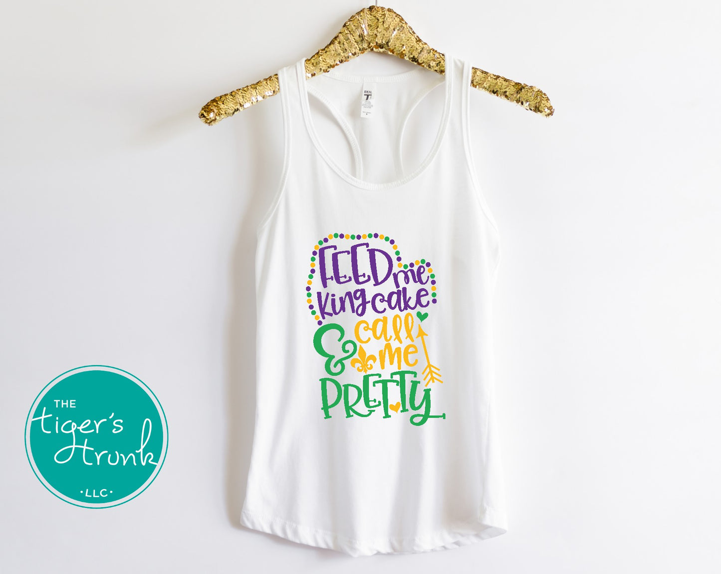 Funny Mardi Gras tank top featuring Feed Me King Cake and Call Me Pretty, perfect for parades and celebrations.