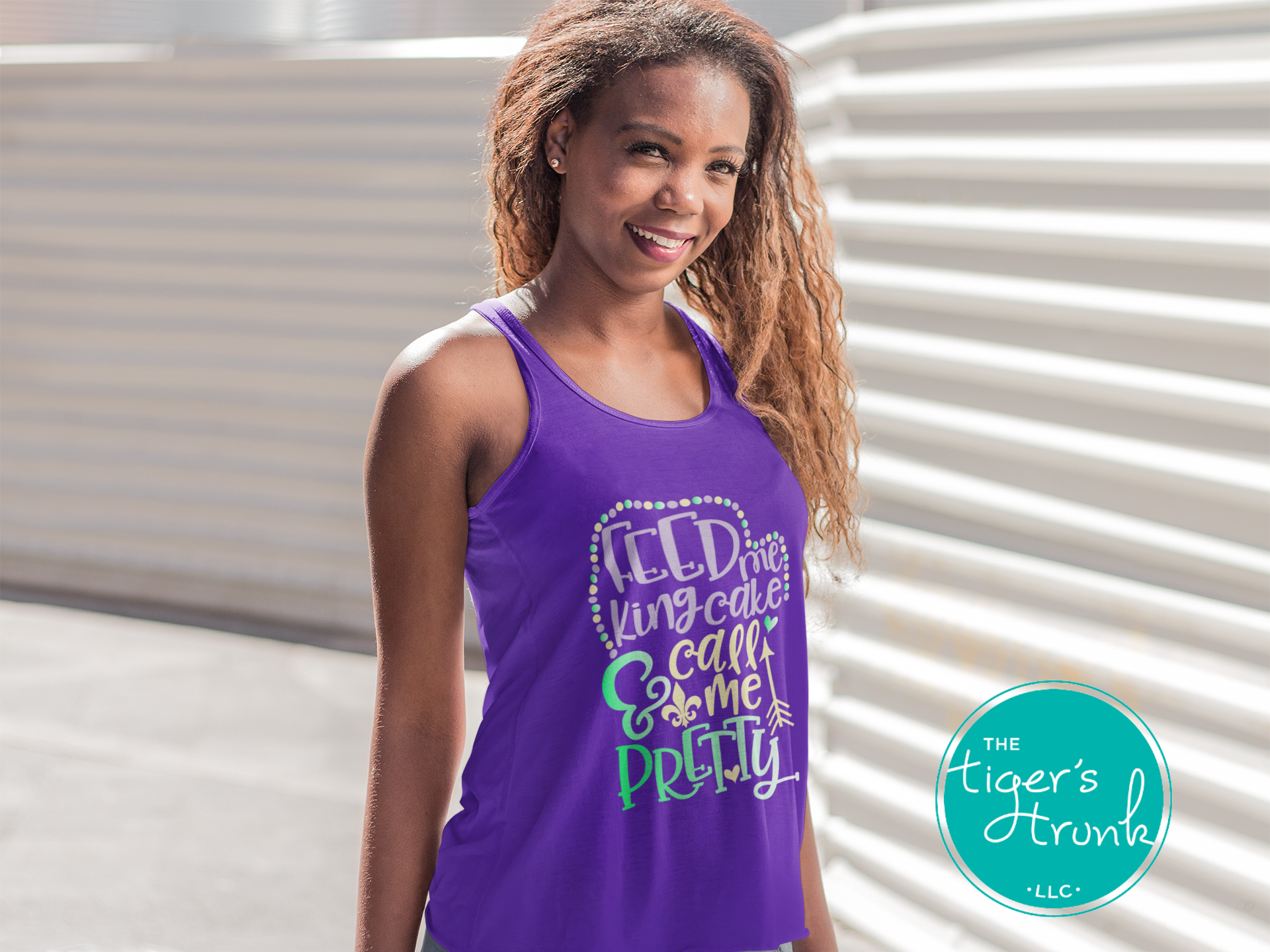 Funny Mardi Gras tank top featuring Feed Me King Cake and Call Me Pretty, perfect for parades and celebrations.