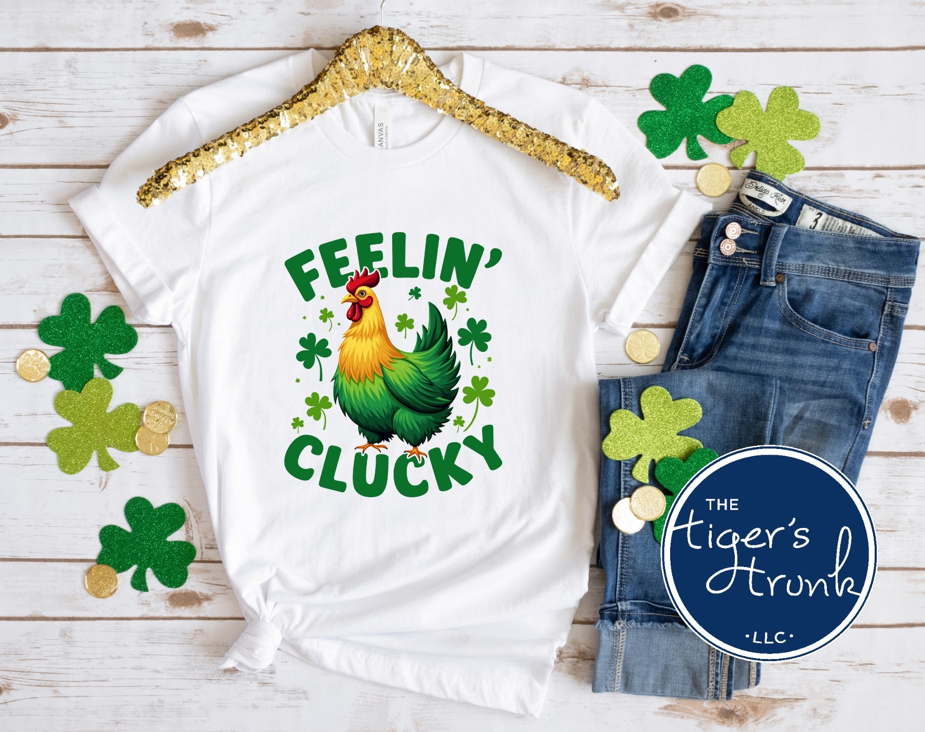 Funny St. Patrick’s Day tank top featuring Feelin’ Clucky text with a rooster graphic, festive Irish humor apparel