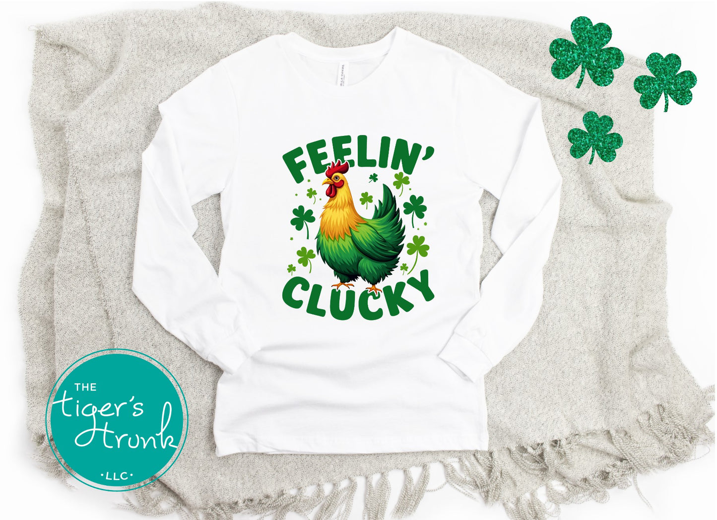 Funny St. Patrick’s Day tank top featuring Feelin’ Clucky text with a rooster graphic, festive Irish humor apparel