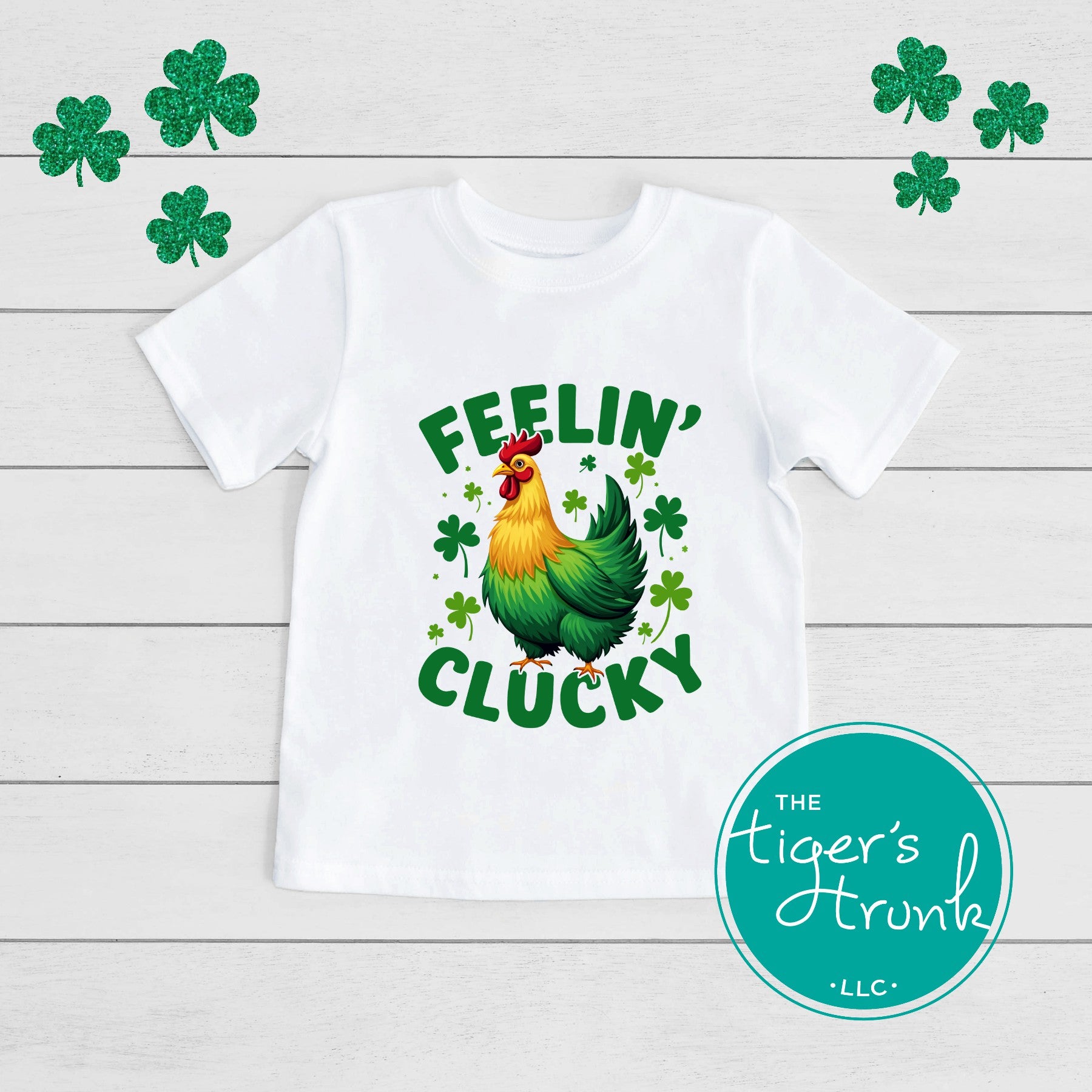 Funny St. Patrick’s Day tank top featuring Feelin’ Clucky text with a rooster graphic, festive Irish humor apparel