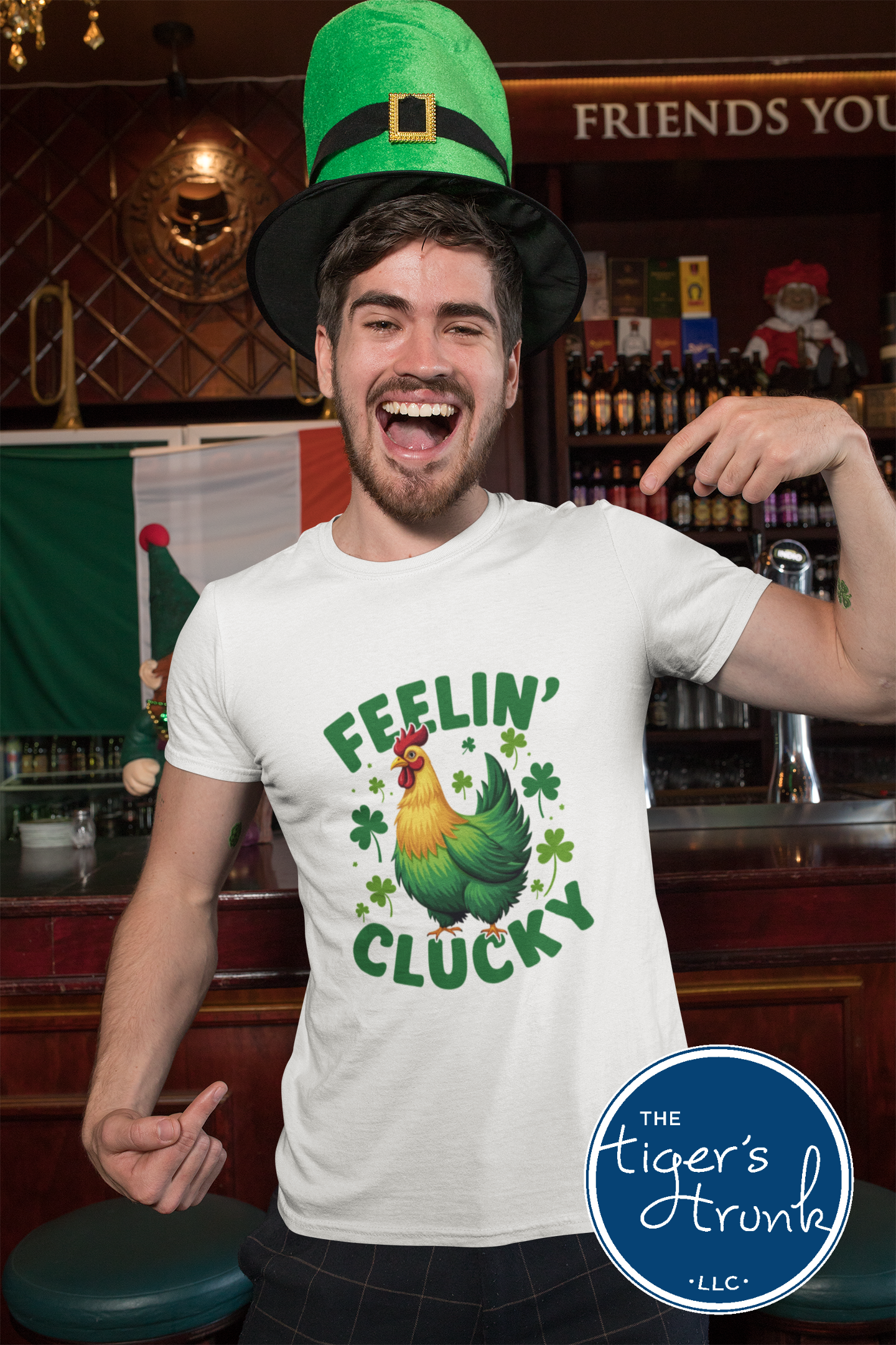 Funny St. Patrick’s Day tank top featuring Feelin’ Clucky text with a rooster graphic, festive Irish humor apparel