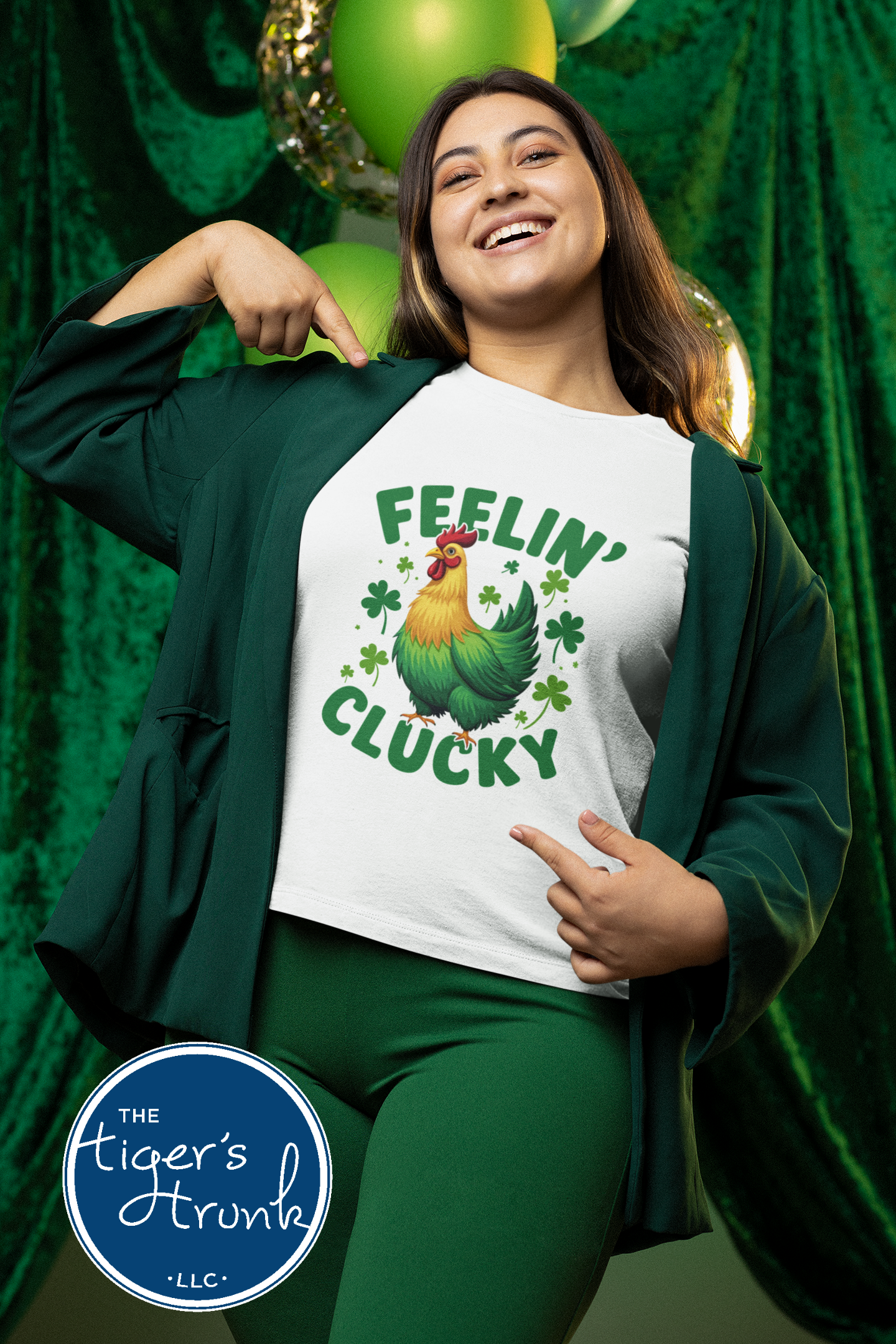 Funny St. Patrick’s Day tank top featuring Feelin’ Clucky text with a rooster graphic, festive Irish humor apparel