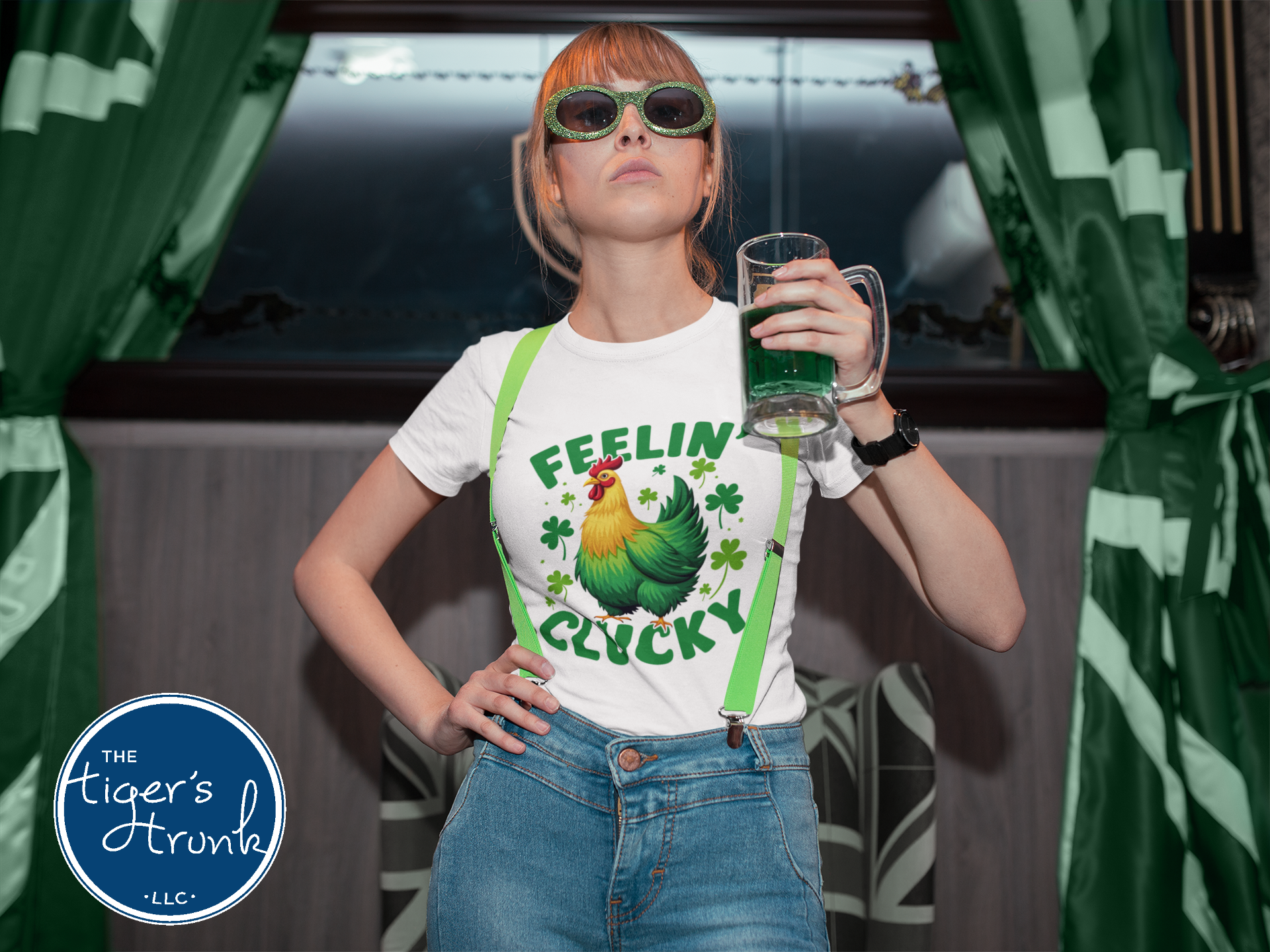 Funny St. Patrick’s Day tank top featuring Feelin’ Clucky text with a rooster graphic, festive Irish humor apparel