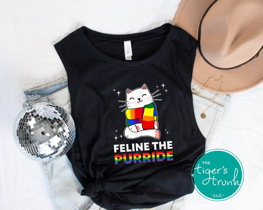 Muscle tank top with rainbow cat image and the text “Feline the Purride,” LGBTQ+ sleeveless Pride shirt for cat lovers and allies