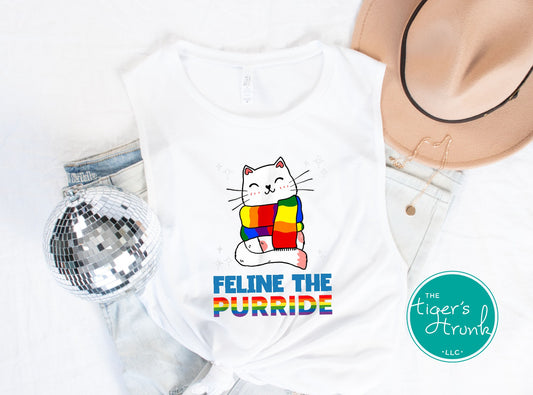 Muscle tank top with rainbow cat image and the text “Feline the Purride,” LGBTQ+ sleeveless Pride shirt for cat lovers and allies