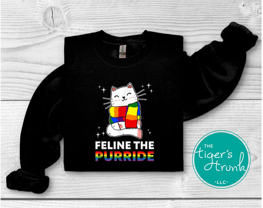 Sweatshirt with rainbow cat and the text “Feline the Purride,” LGBTQ+ Pride pullover for allies and cat lovers