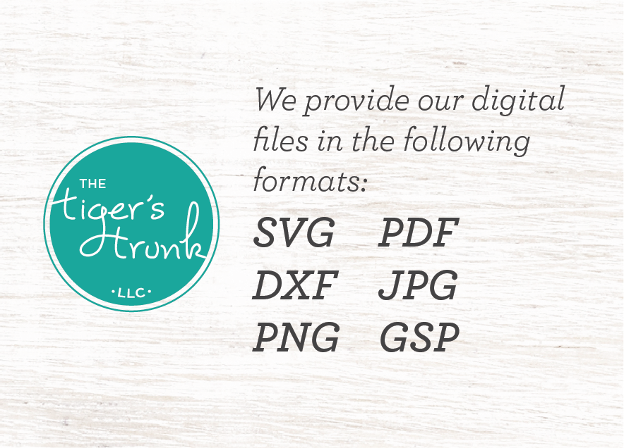 Text displaying digital file formats supported by 'The Tiger's Trunk' on a white background with a teal logo.