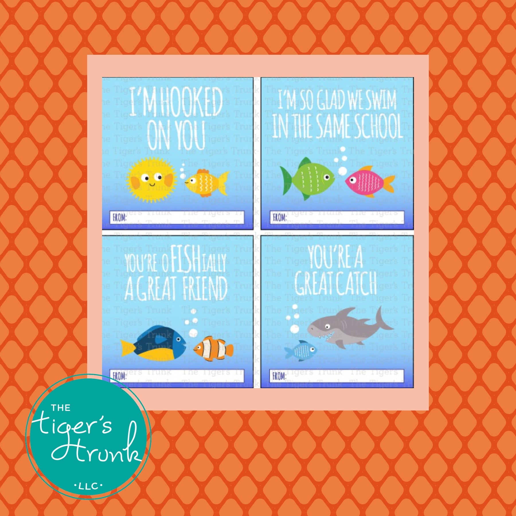 Printable fish-themed Valentine tags with fun puns, instant download non-candy Valentine gifts for classroom exchanges and party favors.