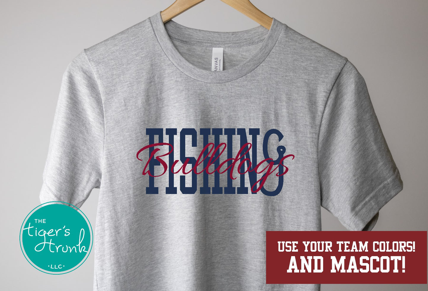 Gray athletic heather fishing team shirt with Bulldogs mascot name layered over bold FISHING text.
