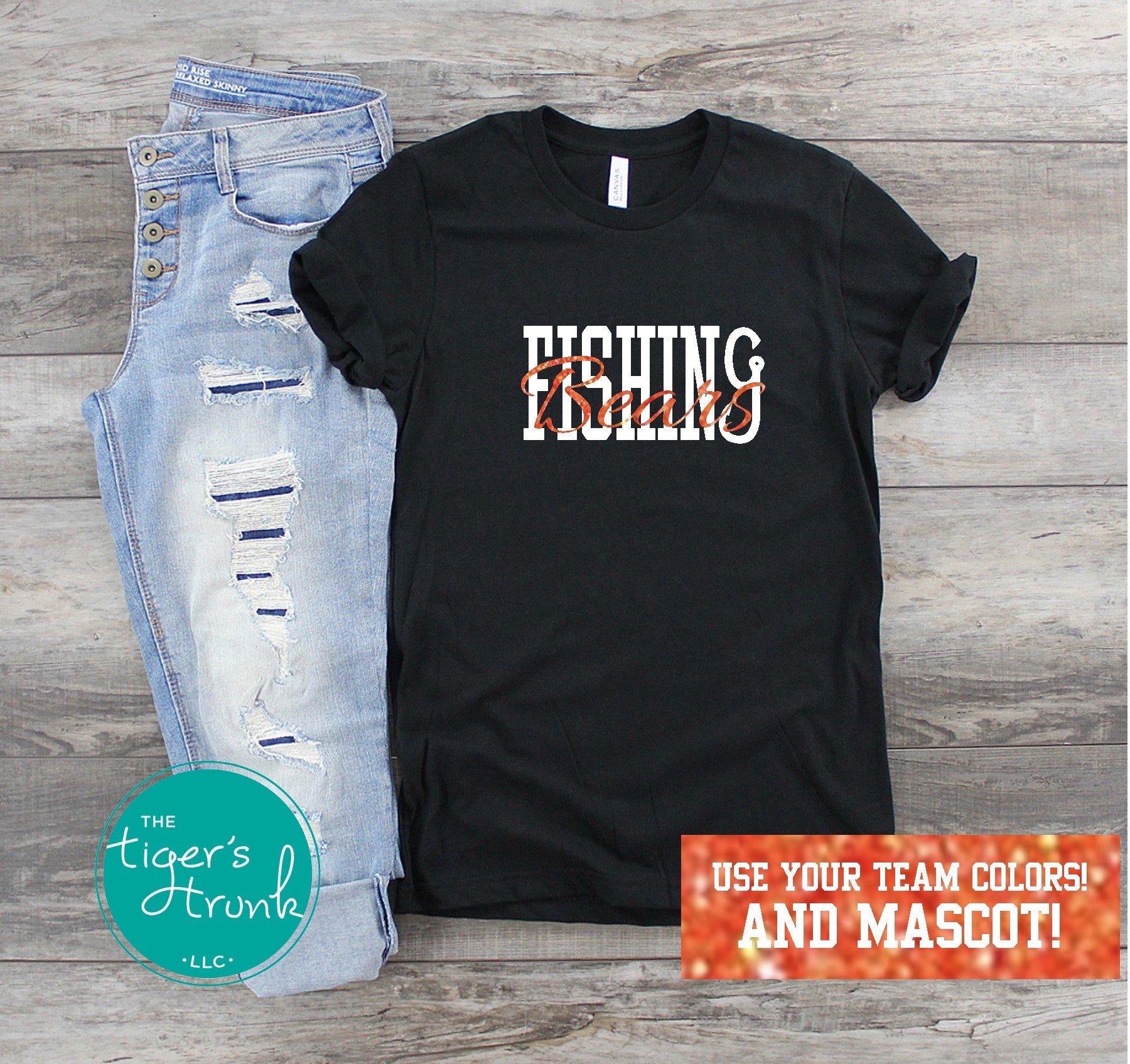 Black fishing team shirt flatlay with Bears mascot name in team colors across the design.