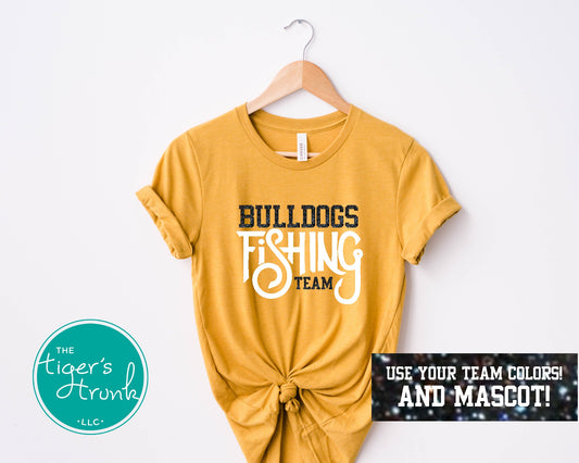 A yellow short-sleeve shirt with 'Bulldogs Fishing Team' text and a school mascot graphic, displayed on a hanger.