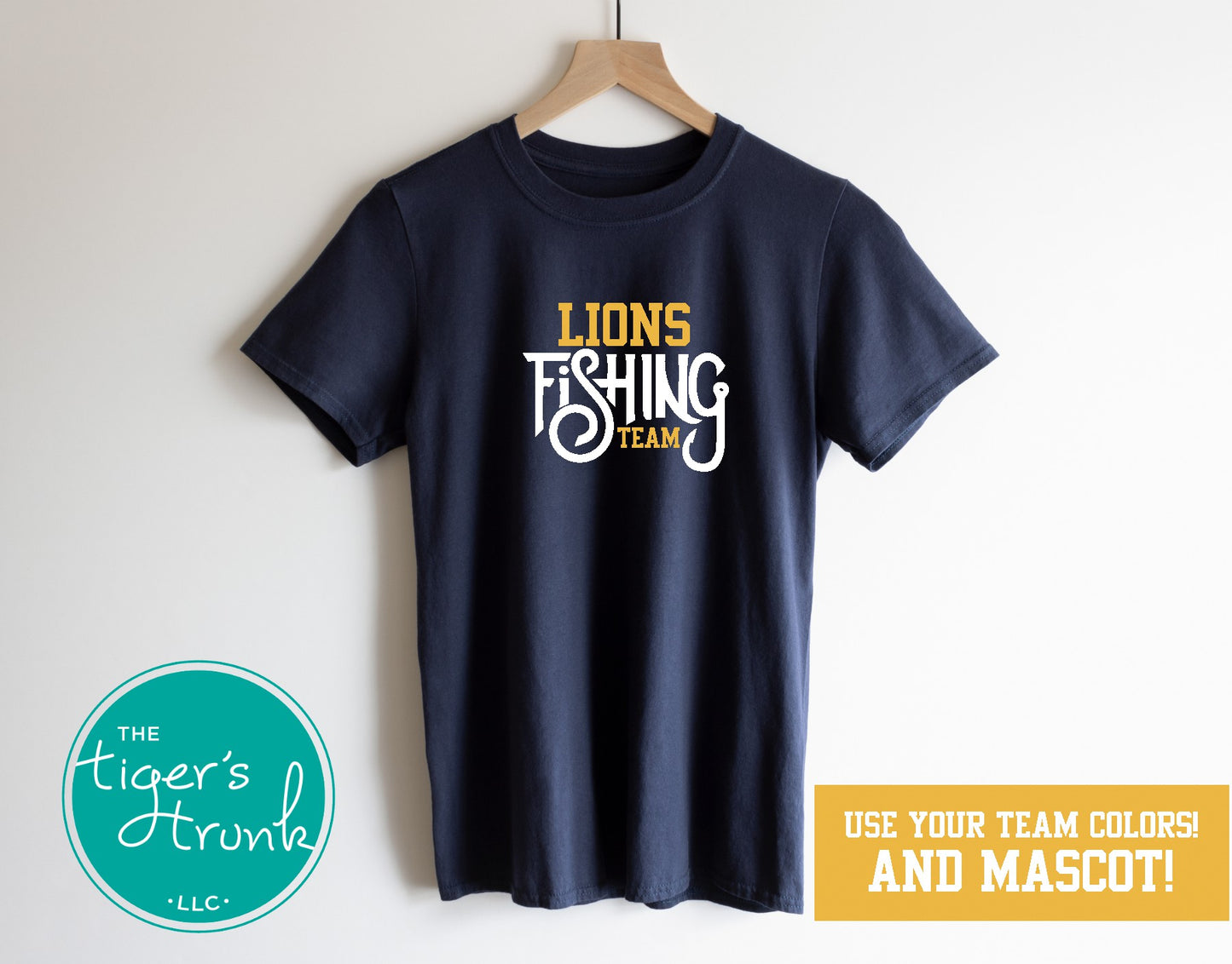 navy fishing team shirt on hanger personalized with Lions mascot in yellow and white