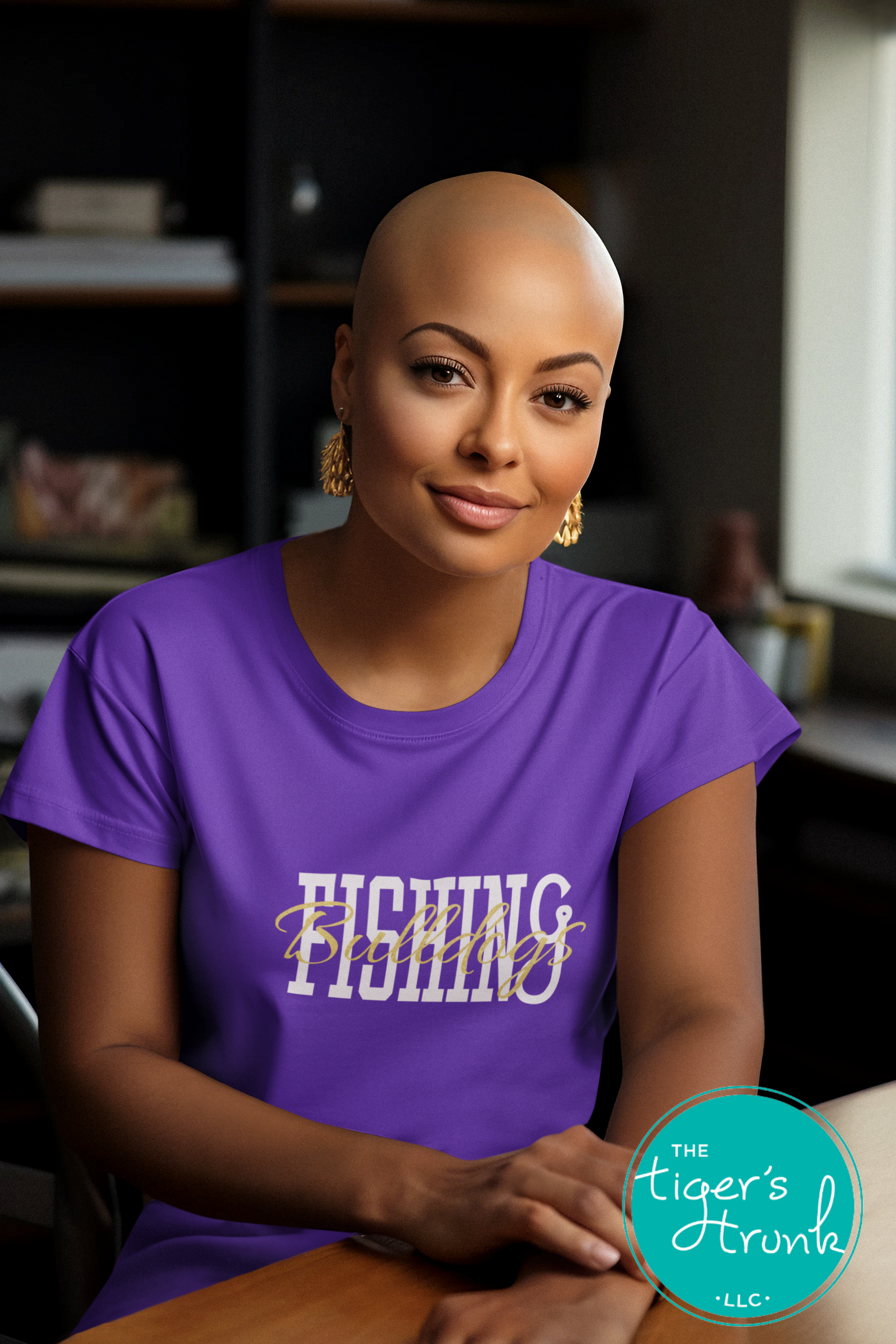 Woman wearing a purple fishing team shirt with Bulldogs script in team colors.