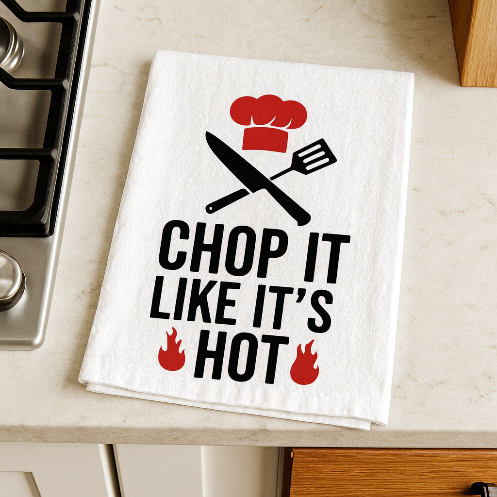 Kitchen towel with 'Chop It Like It's Hot' text on a countertop