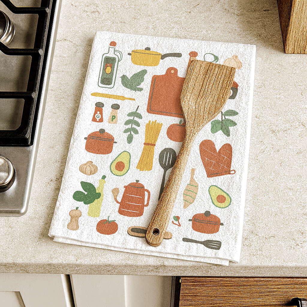 Kitchen towel with cooking-themed illustrations and wooden spatula on a countertop