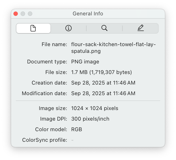 File information window showing details of a PNG image file named 'flour-sack-kitchen-towel-flat-lay-spatula.png'.