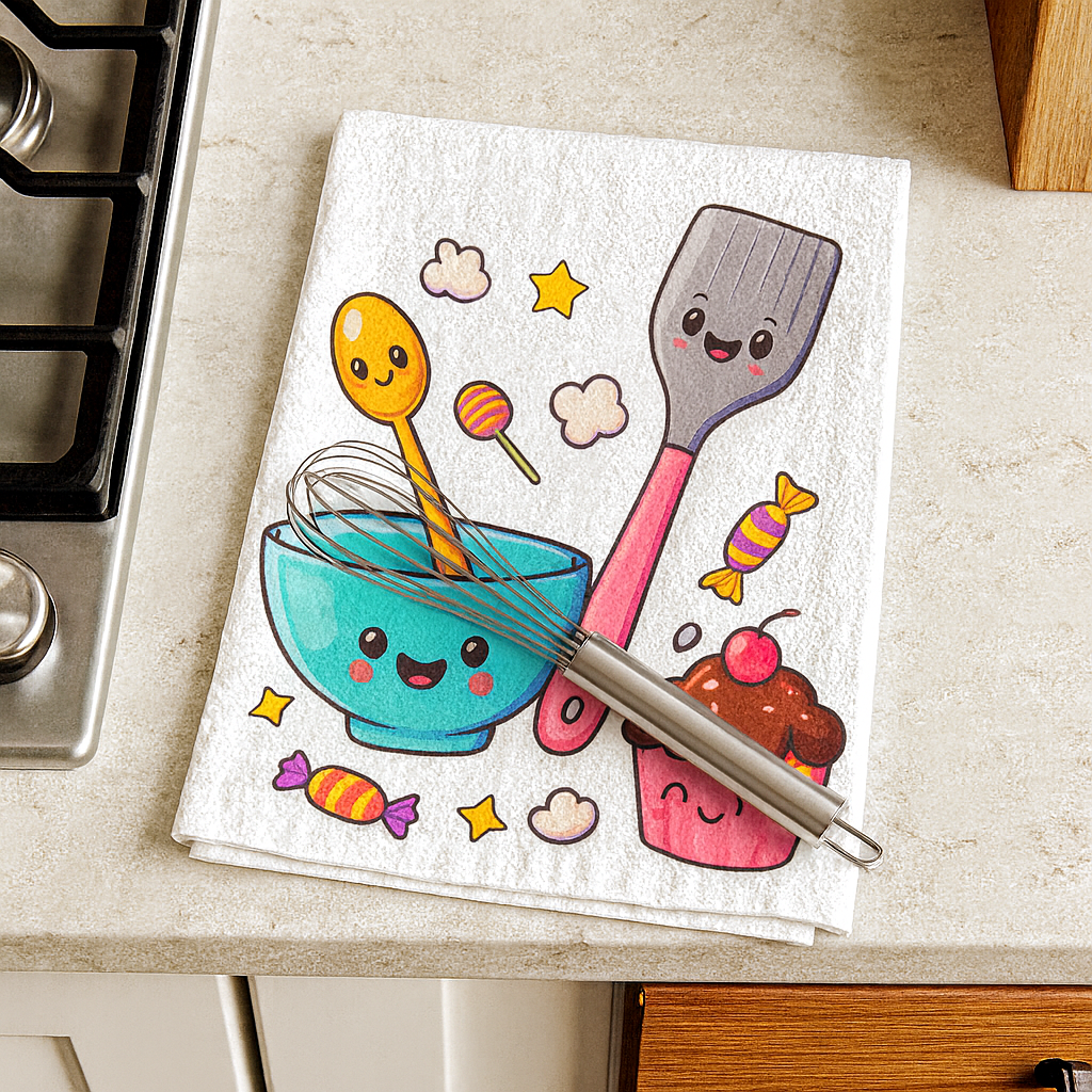 Kawaii-style kitchen towel with cartoon utensils and bowl on a kitchen counter.