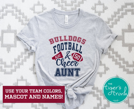 Custom Football and Cheer Aunt t-shirt with school colors, mascot name, megaphone and football design, featuring cheerleader and player personalization