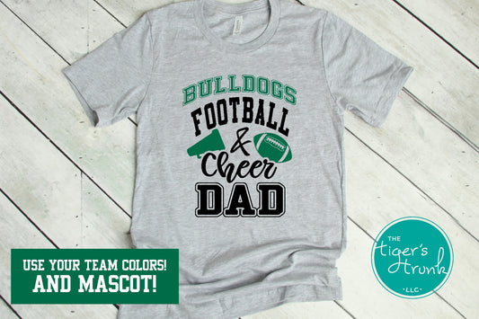Football and Cheer Dad shirt with megaphone and football design, personalized with school colors and team mascot for custom game day spirit wear