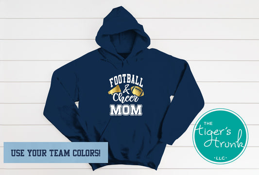 Custom Football and Cheer Mom hoodie with megaphone and football graphics, personalized with school colors and mascot for game day spirit wear