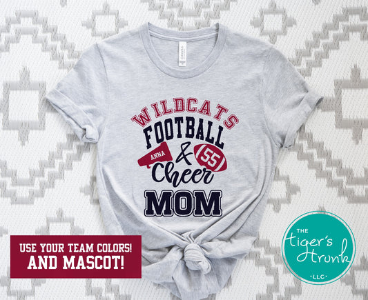 Football and Cheer Mom t-shirt with megaphone and football design, personalized with mascot name, school colors, player name or number