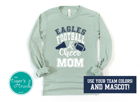 Personalized Football and Cheer Mom long-sleeve shirt with football and megaphone graphic, custom school colors and mascot name for fall spirit wear