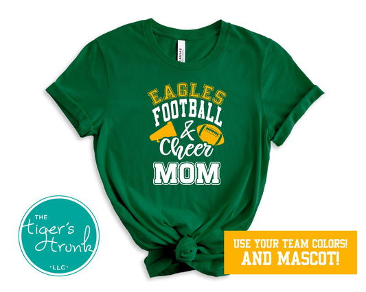 Football and Cheer Mom shirt with megaphone and football, personalized with school colors and team mascot name, custom game day spirit tee for moms